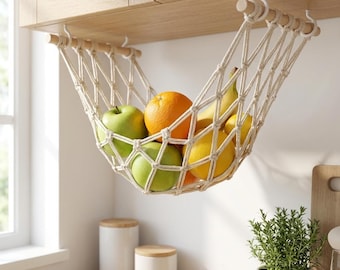 Hamaca para frutas, cesta colgante de macramé para frutas debajo del armario, organizador de verduras, ahorrador de espacio de cocina estilo boho, regalo para almacenar productos frescos