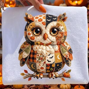 Halloween Patchwork  Owl PNG, Cute Owl Sublimation, Fall Pumpkin Owl Shirt Design, Autumn Quilt, Trendy Halloween Png, Spooky Season Png.