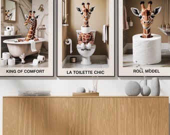 Giraffe Toilet Paper Poster: Cute Bathroom Print, Gallery Wall Art Set Of 3, Humorous Bathroom Decor, Funny Toilet Printable