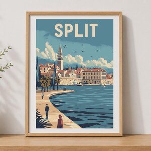 Reseaffisch från Split, Kroatien, vintage väggkonst från mitten av århundradet, tryck med Adriatiska havet vid vattnet, heminredning från Dalmatiens kust, present till Gamla stan