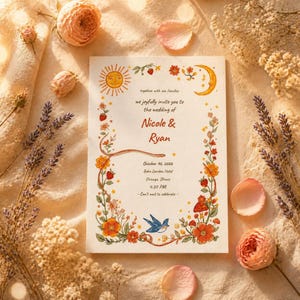 Op de afbeelding: Een rechthoekige trouwkaart met een crèmekleurige achtergrond, een kleurrijke bloemenrand, een zon, een maansikkel en een blauwe vogel. De tekst luidt: together with our families we joyfully invite you to the wedding of Nicole & Ryan, October 10, 2026, Boho Garden Hotel, Chicago, Illinois, 4:30 PM, Can't wait to celebrate.