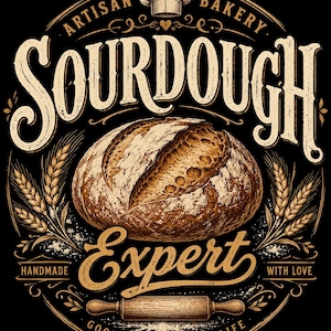 Peut inclure: Graphique de boulangerie artisanale de style vintage, avec un pain au levain. Le design comprend les mots "Artisan Bakery Sourdough Expert" et "Handmade with Love" dans une mise en page circulaire, avec des épis de blé et un rouleau à pâtisserie.