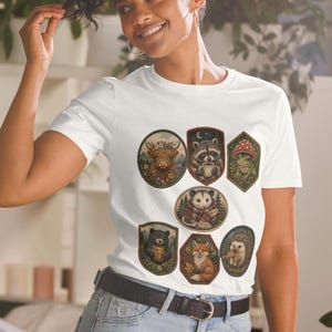 T-shirt med lapp för skogsdjur, broderad t-shirt med skogsdjur, t-shirt med Cottagecore-motiv, söt gåva för naturälskare