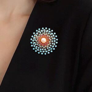 Large Firework Starburst Brooch, Turquoise Crystal Faux Pearl Statement Pin, Vintage Rhinestone Brooch, Luxury Gift For Women