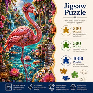 May include: A jigsaw puzzle featuring a vibrant pink flamingo adorned with floral patterns standing in a pond with koi fish, waterfalls, and tropical flowers. The text includes Jigsaw Puzzle, 300 pieces, 500 pieces, and 1000 pieces with descriptions.