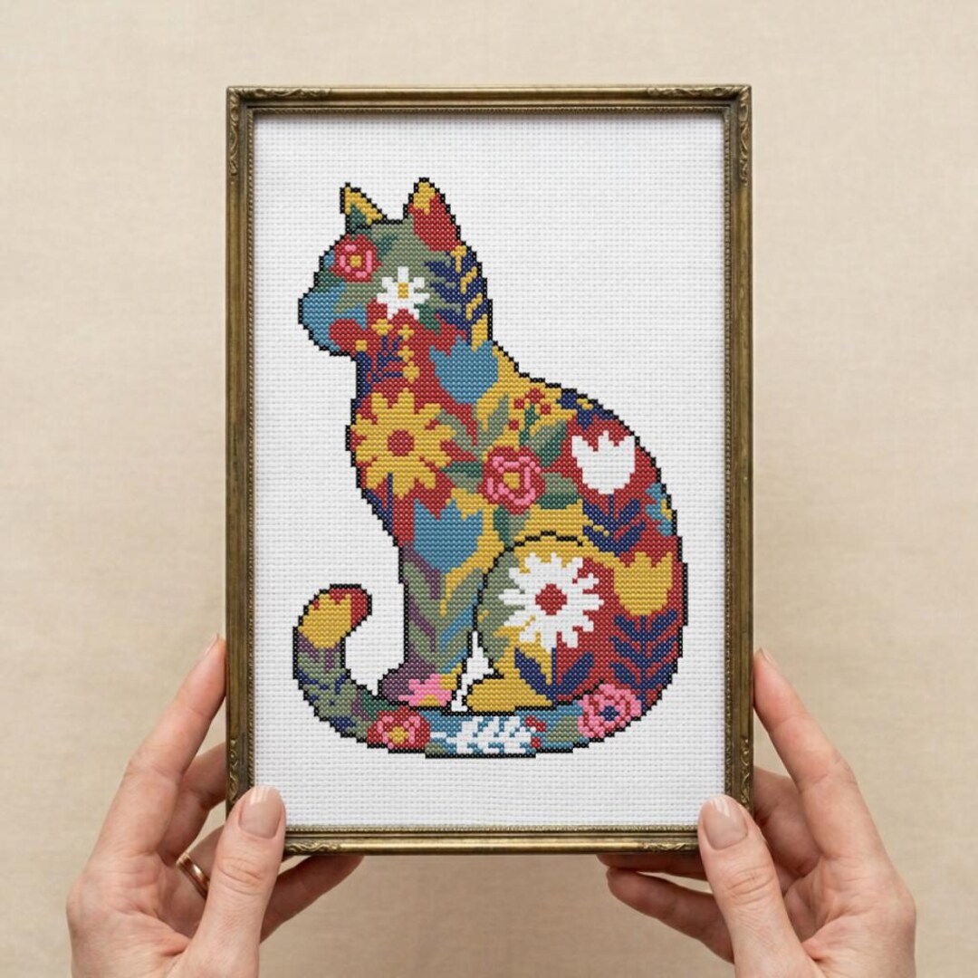 Floral Cat Cross Stitch Pattern PDF, Folk Art Cat Silhouette Embroidery ...