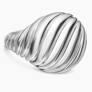 14K Solid Gold Small Croissant Minimalist Low Dome Twisted Ring, Unique Signet Ring For Women Sculpted Cable Micro Pinky Ring Gift For Wife