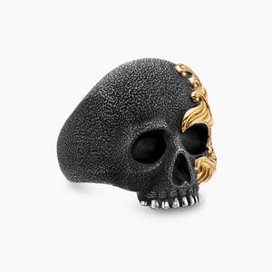 18k Solid Gold Skull Designer Ring, Handmade Gothic Biker Jewelry Bold Statement Band High Quality Perfect Unique Ring Gift For Best Friend