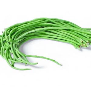 May include: A collection of bright green long beans, also known as snake beans, displayed on a white backdrop. The beans are long and thin, with a gentle curve, and are grouped closely together.