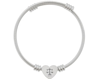 Personalized Scales of Justice Heart Cuff Bracelet, Custom Lawyer Gift, Engraved Law School Graduate Bracelet, Attorney Gift,Justice Jewelry