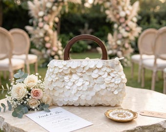 Mother of Pearl Seashell Clutch – Wooden Handle Wedding Purse, Beach Bride Bag