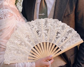 Abanico de boda de encaje tallado hueco – Bambú y encaje, accesorio nupcial victoriano