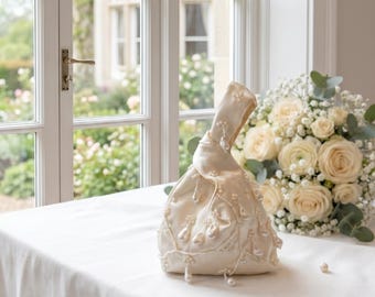 Satin Pearl Wedding Bag – Hand-Beaded Teardrop Evening Clutch, Ivory Bridal Purse