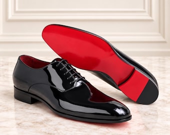 Christian Louboutin Herr Svarta Oxfordskor i Lackskinn | Röd Sula | Fest- och Bröllopskläder