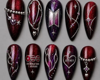 Dark Red Purple BTS Nail Art, ARMY, 3D Charms, Starry Nails, Kpop Fan, Galaxy Theme, Borahae Nails