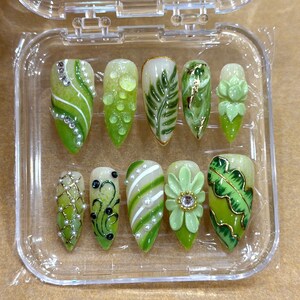 3D Dew Drop Green Botanical Press On Nails | Handpainted Leaf Flower Nail Art | Spring Nature Fake Nails | Gel