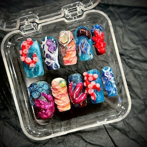 3D Ocean Press On Nails Sea Life Fake Nails Octopus Tentacle Coral Jellyfish Beach Art Custom Reusable Square Nails