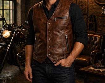 Men’s Brown Vest Handmade Genuine Leather Waistcoat Vintage Biker Western Style Vest for Men