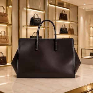 May include: A large, structured dark brown leather handbag with two tall, thin top handles. The bag features a clean, minimalist rectangular silhouette with smooth surfaces and metallic hardware attachments where the handles meet the main body.