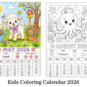 Könnte beinhalten: Kinder-Mal-Kalender 2026 mit Illustrationen für Mai und August. Die Mai-Seite zeigt ein Lamm mit Blumen, während die August-Seite einen Oktopus zeigt. Enthält Kalenderraster und pädagogische Elemente.