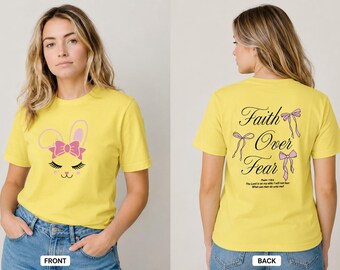 Yellow Cat Graphic Tee, Faith Over Fear, Hand-Drawn Kitty Bow Design