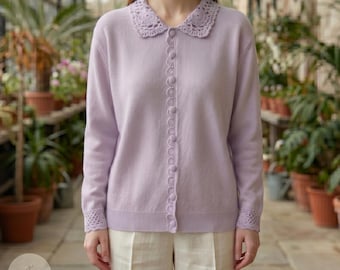 Crochet Collar Cardigan, Women's Button-Up Knit Sweater, Red, Lavender, Beige & Brown Long Sleeve Tops, Casual Cozy Layering