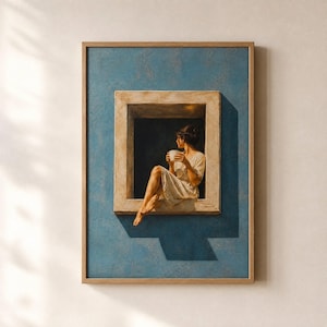 Peut inclure: Une œuvre d'art encadrée représente une femme assise dans une fenêtre, tenant une tasse. L'œuvre présente un fond bleu texturé et un cadre de fenêtre de couleur claire. La femme porte une robe claire, créant une atmosphère sereine.