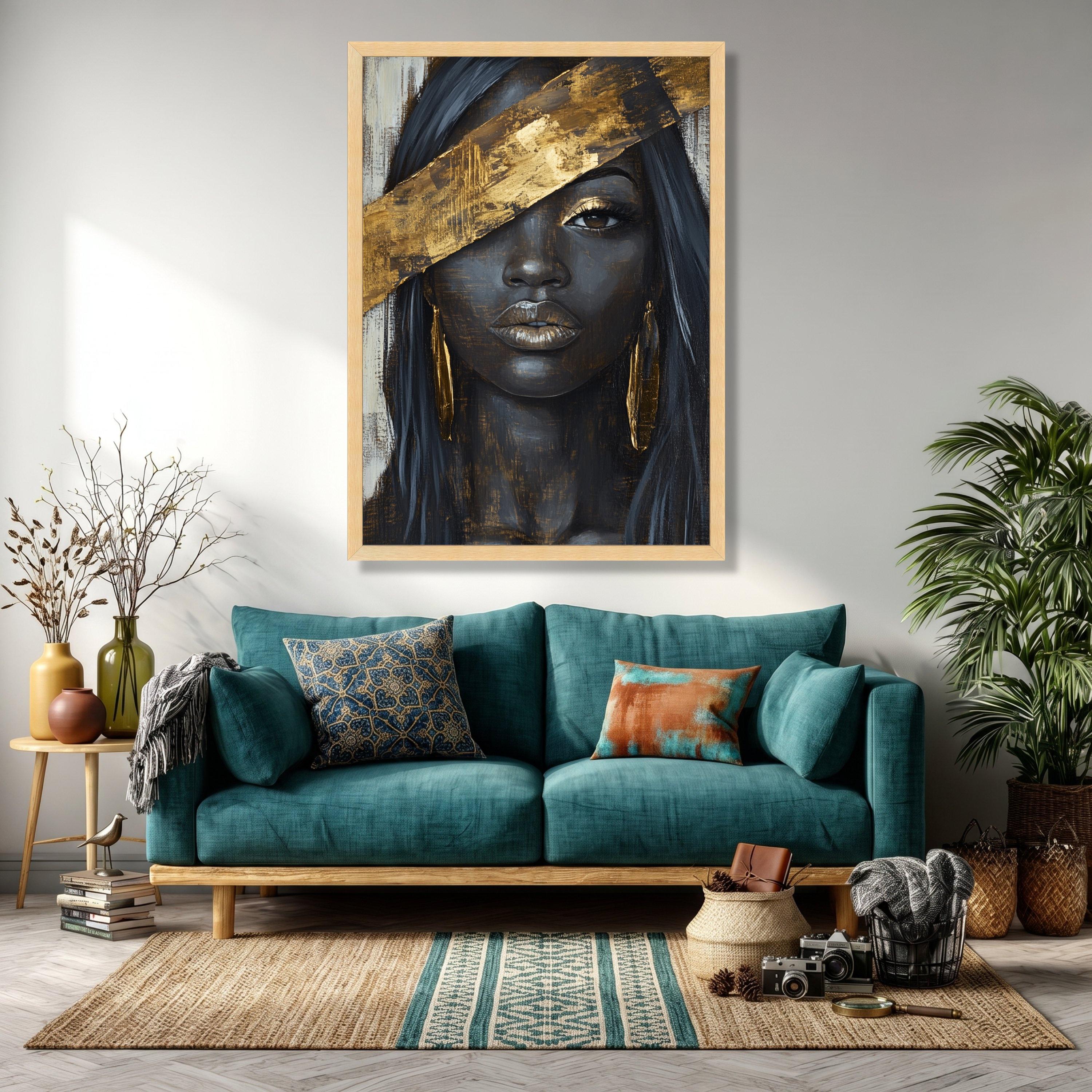 Elegant Black Woman Portrait Canvas, Gold Accent Wall Art, Modern ...