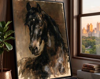 May include: A framed wall art print featuring a dark, expressive oil painting of a horse head and neck. The horse is rendered in deep black and brown tones against a muted, neutral background, captured with visible, textured brushstrokes.