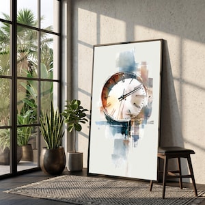 Vintage Clock Watercolor Canvas, Abstract Timepiece Wall Art, Roman Numeral Clock Canvas, Soft Blue and Brown Home Decor