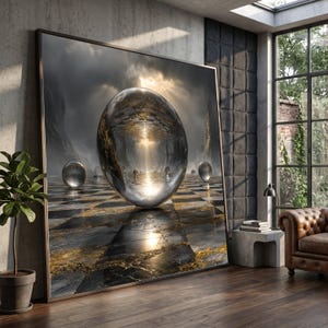 Puede incluir: Obra de arte enmarcada de gran tamaño que presenta un paisaje surrealista con un orbe reflectante gigante como punto focal. La obra de arte está situada sobre un suelo ajedrezado en blanco y negro con detalles dorados, creando un efecto visual dramático. La obra se exhibe en una habitación moderna.