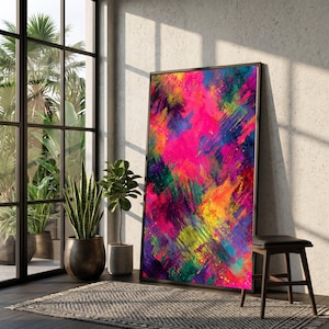 Cuadro abstracto vibrante para pared, pintura moderna con salpicaduras de color, decoración audaz para el hogar, lienzo contemporáneo expresivo.