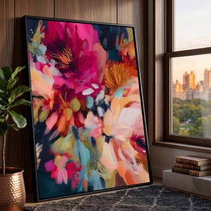 Lebendige florale Burst Leinwand, abstrakte Blumen Malerei, bunte botanische Wandkunst, Wohnkultur Leinwanddruck, modernes Blumenmuster