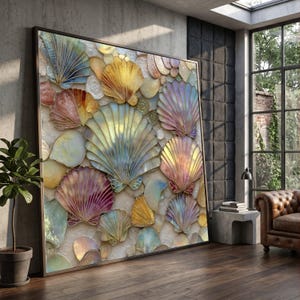 Cuadro decorativo de conchas marinas iridiscentes, colección de conchas costeras, decoración con temática playera, lienzo de naturaleza, obra de arte sobre la vida marina.
