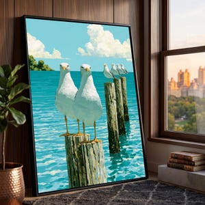 Möwen auf Dock Posts Leinwand, Ozeanvögel Wandkunst, Küstennaturszene, Blaue Meeresleinwand, Nautische Wohnkultur, fertig zum Aufhängen