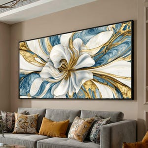 Elegant blå och guldfärgad blommig canvastavla, abstrakt blomdesign, modern heminredning, lyxig vardagsrumscanvas, redo att hängas