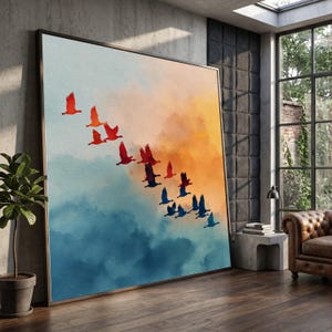Migrating Geese at Sunset Canvas, Flying Birds Wall Art, Colorful Sky Illustration, Nature Scene Canvas, Wildlife Home Decor