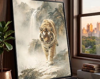 Majestic Tiger Misty Mountain Landscape Canvas, Wildlife Wall Art, Nature Scene Decoration, Waterfall Background Canvas