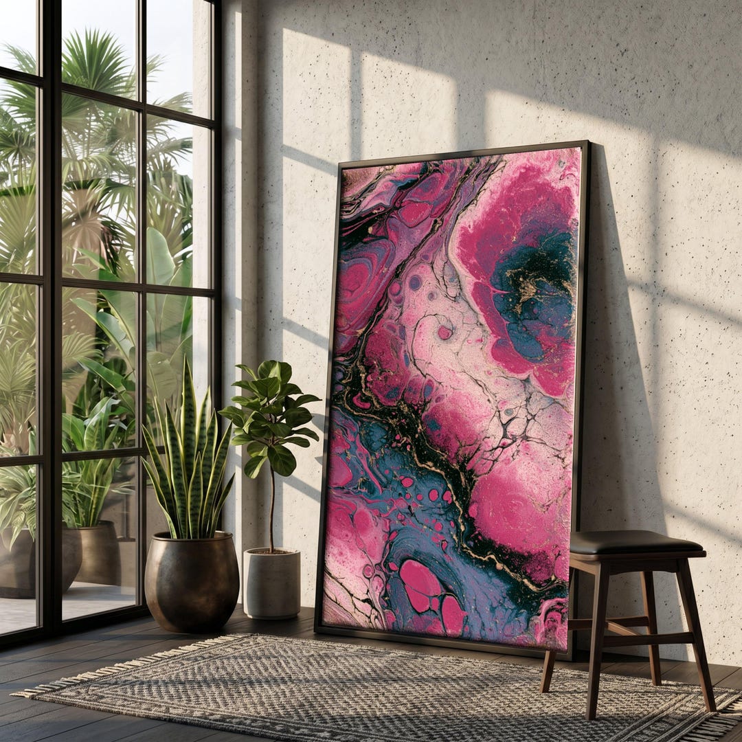 Vibrant Pink and Blue Abstract Canvas, Modern Fluid Art Wall Decor ...