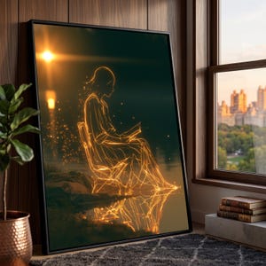 Luminous Girl Reading by Lake Canvas, Glowing Light Art, Evening Reflection Wall Decor, Magical Night Scene Canvas, Home Decoration