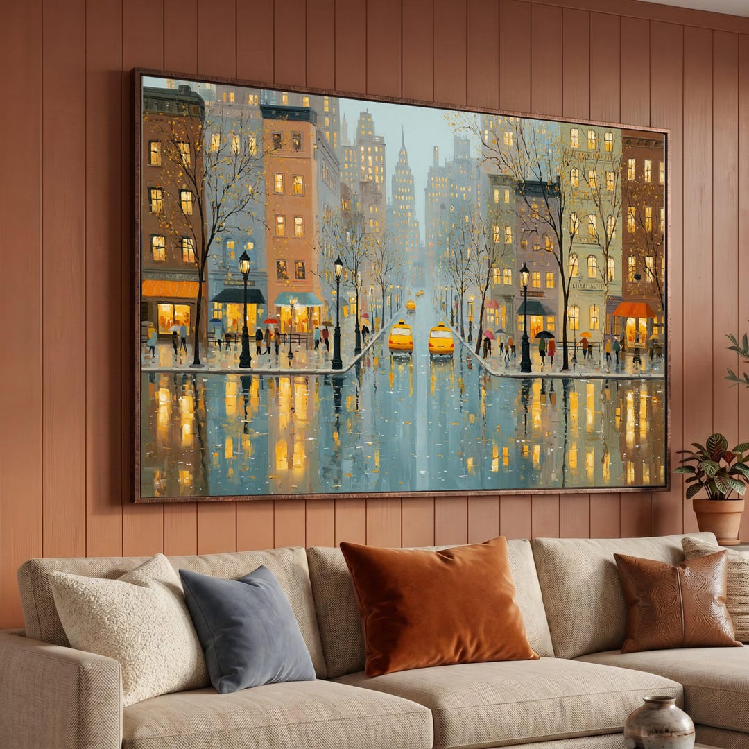 Rainy City Street Scene Canvas, Urban Evening Landscape, Reflective Wet ...