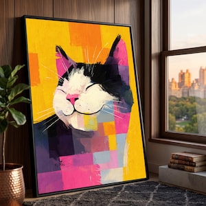 Szczęśliwy czarno-biały kot na płótnie, kolorowa patchworkowa sztuka ścienna, nowoczesny abstrakcyjny portret kota, żywy wystrój domu, płótno gotowe do powieszenia