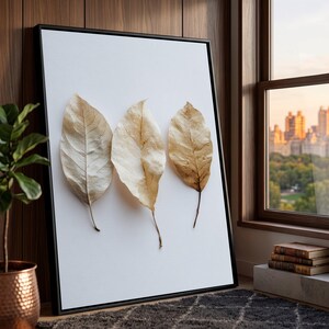 Quadro minimalista em tela com folhas secas, estampa botânica neutra, decoração rústica para casa, tela para estudo da natureza, detalhe moderno para parede.
