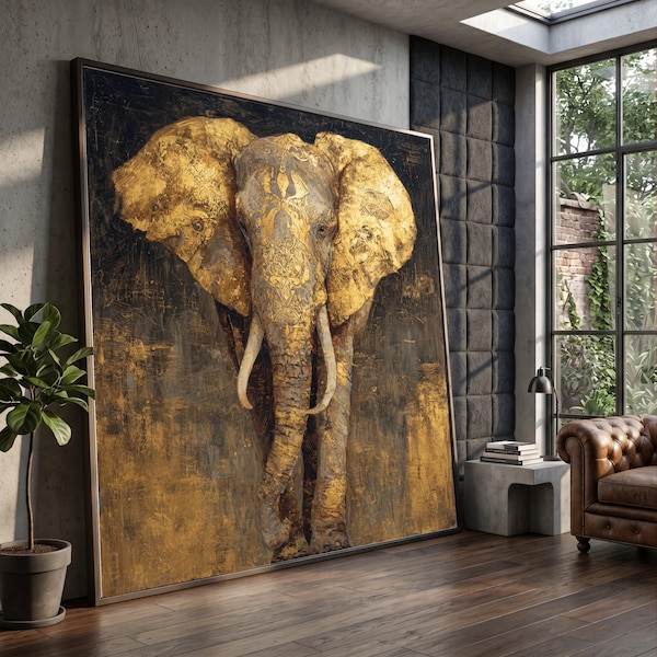 Cuadro de pared de elefante majestuoso, pintura de vida silvestre con detalles dorados, decoración para el hogar con animales africanos, lienzo grande y llamativo, naturaleza ornamentada.