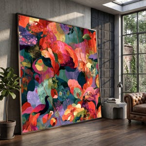 Livfull abstrakt blommig väggkonst på canvas med påfågel, färgglad botanisk målning, modern heminredning, stor canvastavla