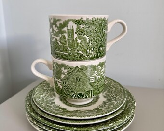 Juego de té antiguo Broadhurst Ironstone Serie Constable de loza verde transferida