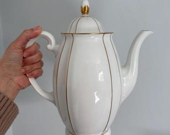 Vintage 1950er Jahre Johann Seltmann Vohenstrauss Große Porzellan Weiß & Gold Kaffeekanne oder Teekanne