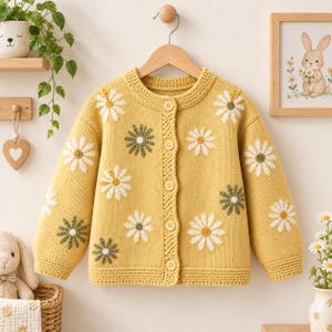 Könnte beinhalten: Eine senfgelbe Strickjacke mit Rundhalsausschnitt, langen Ärmeln und einer Knopfleiste auf der Vorderseite. Das Kleidungsstück ist mit einem Muster aus weißen und salbeigrünen Gänseblümchen verziert und hat gerippte Bündchen sowie einen gerippten Saum.