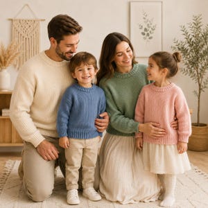 Puede incluir: Una familia viste jerséis de punto de manga larga en color crema, azul, verde salvia y rosa suave. El adulto de la izquierda lleva un jersey crema con pantalones caqui, el niño un jersey azul con pantalones caqui, el adulto de la derecha un jersey verde salvia con falda crema y el niño un jersey rosa con falda crema.