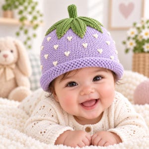 May include: A light purple knit hat featuring a green stem and leaf design at the top, decorated with small white heart-shaped patterns throughout the body. The hat has a thick, rolled brim and is crafted from a soft, textured yarn material.